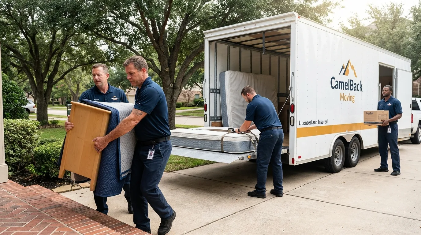 Crew loading residential truck for cross-state move from Huntersville, NC