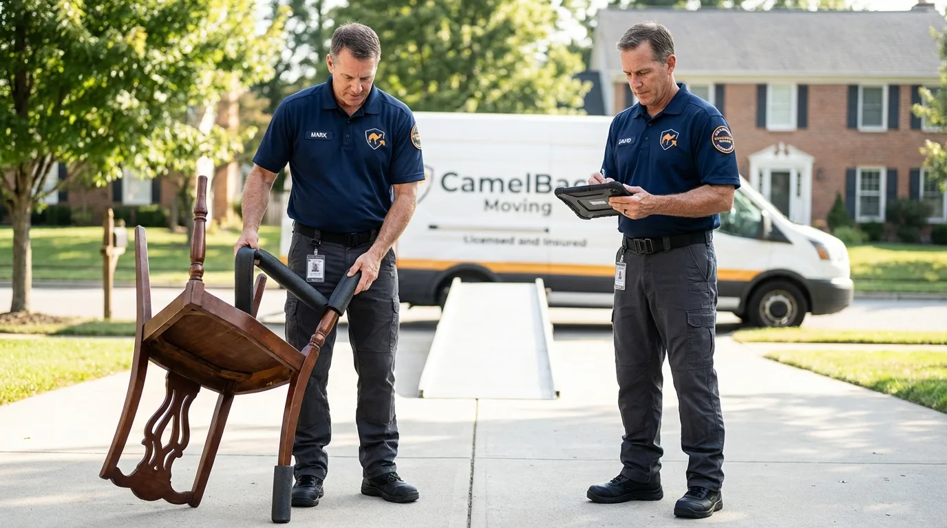 Movers inspecting furniture for damage prevention before loading in Huntersville, NC