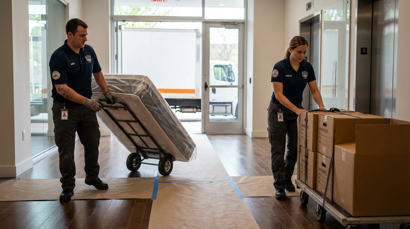 Professional apartment movers loading elevator in Huntersville, NC