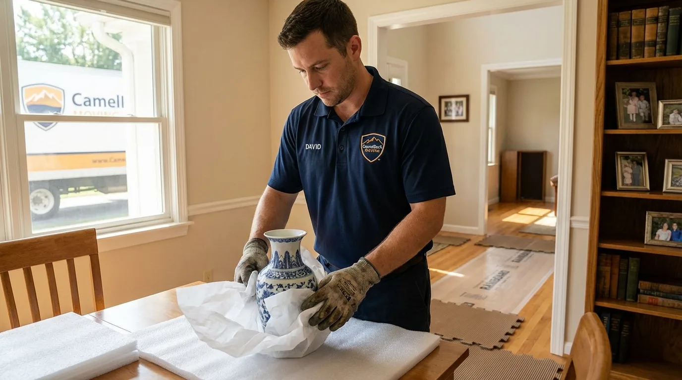 Professional crew carefully wrapping antique vase for senior downsizing move in Huntersville, NC